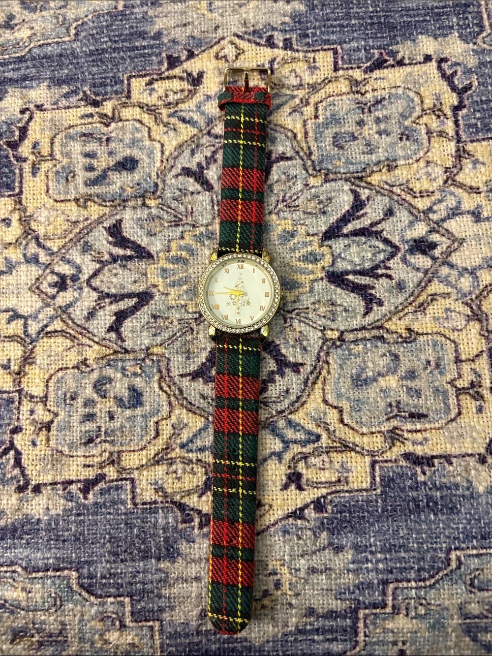 Plaid Fabric Strap Wristwatch with Rhinestone Bezel